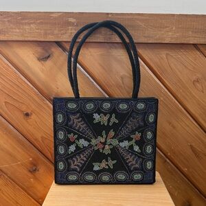 Vintage Floral Embroidered Black Tote Bag